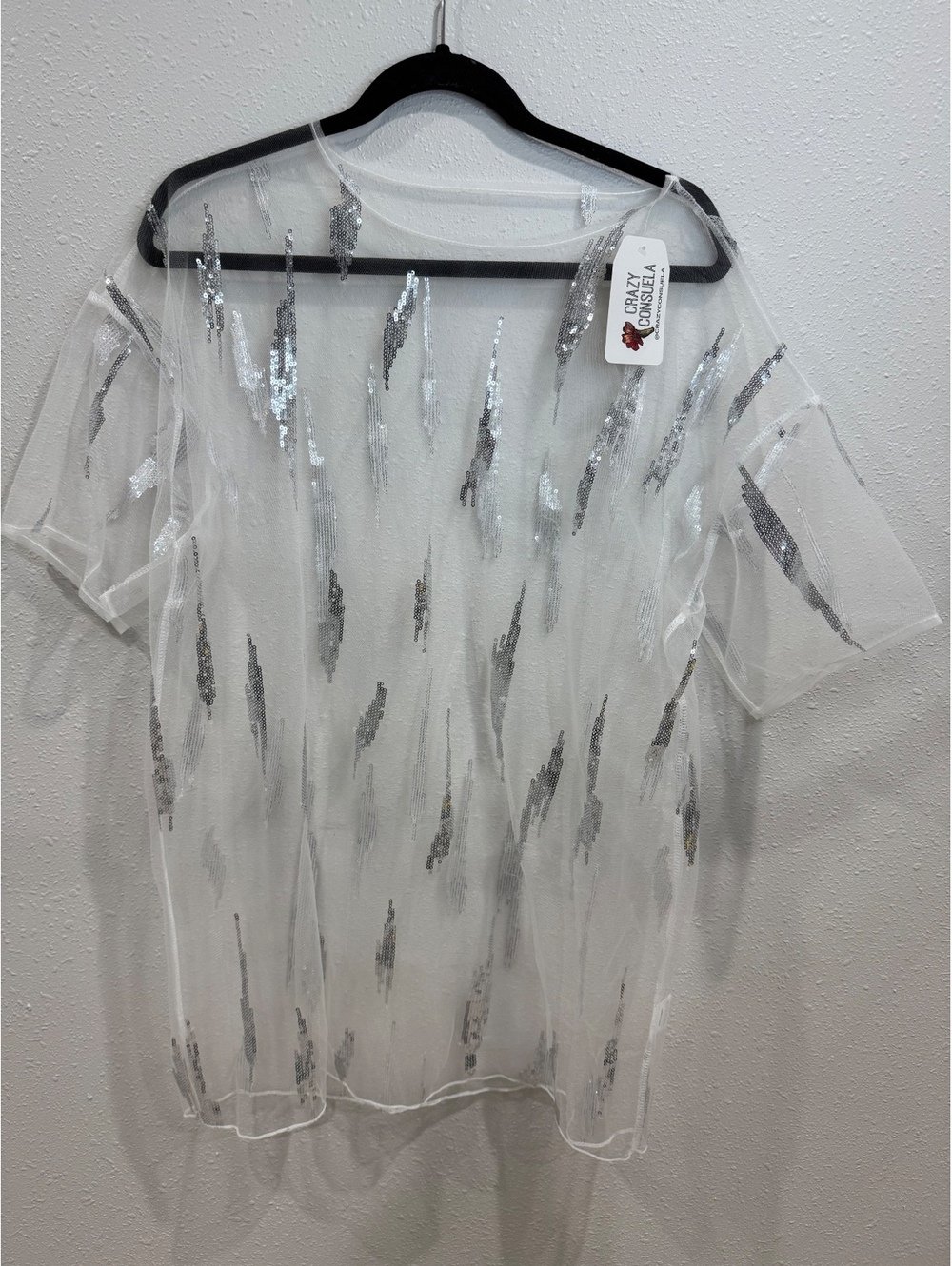 Turquoise Haven S/M White Sheer Mesh Top Silver Sequin Abstract Short Sleeve